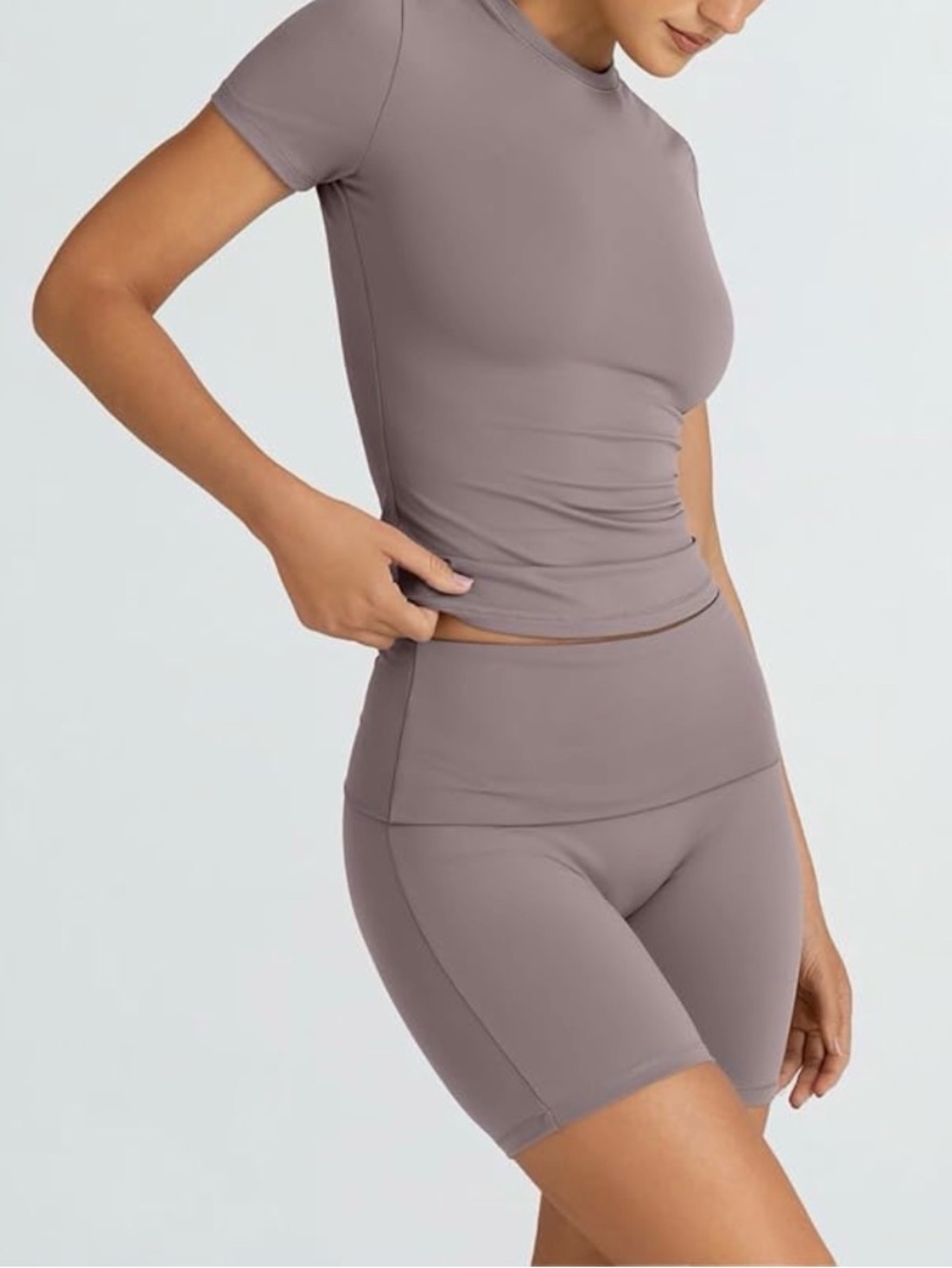 Basic Short Sleeve Top and Biker Shorts Set - Taupe